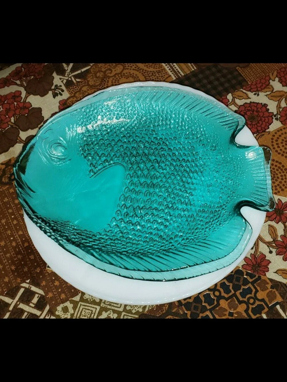 Mid-Century French Arcoroc Translucent Blue/Turquoise Glass Koi Fish Serving Set